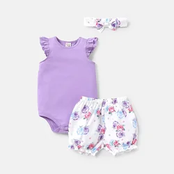 PatPat 3pcs Baby Girl 100% Cotton Ruffle-sleeve Romper and Floral Print Shorts & Headband Set Soft and Comfortable