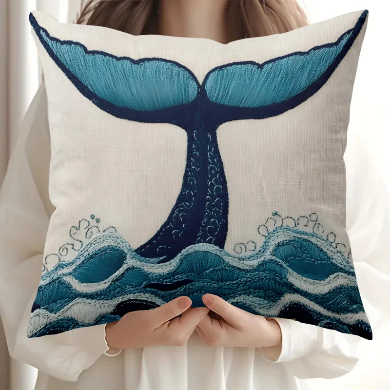 Double Sided Whale Tail Ocean Decorative Pillowcase - 2D Printed Coastal Wave Nautical Cushion Cover for Sofa Beach Decor, 1PC