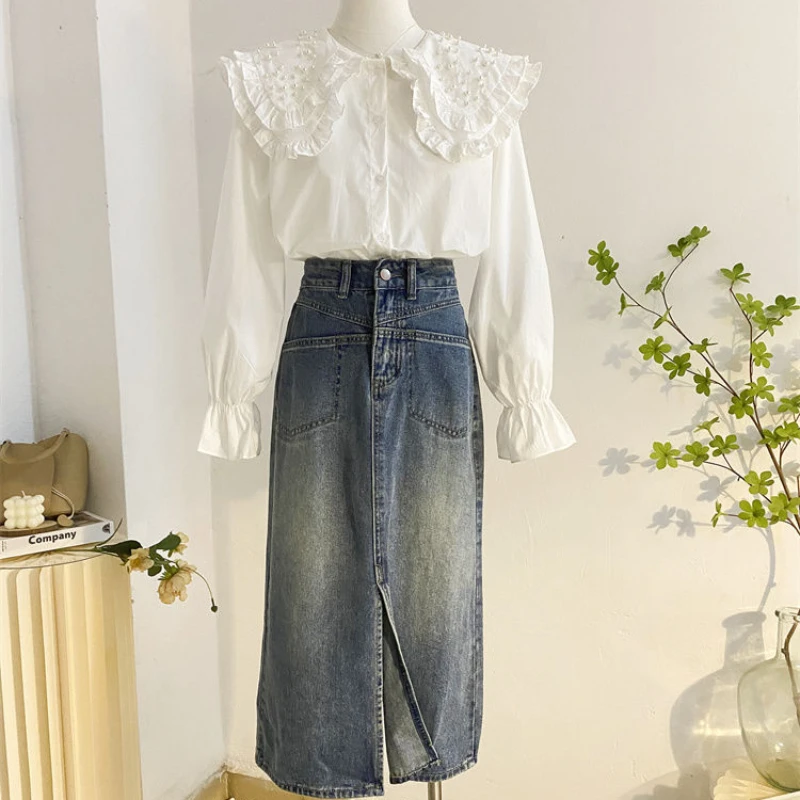 Double layered doll collar shirt, women's long sleeved sweet anti-aging nail bead fashionable and stylish versatile chic top