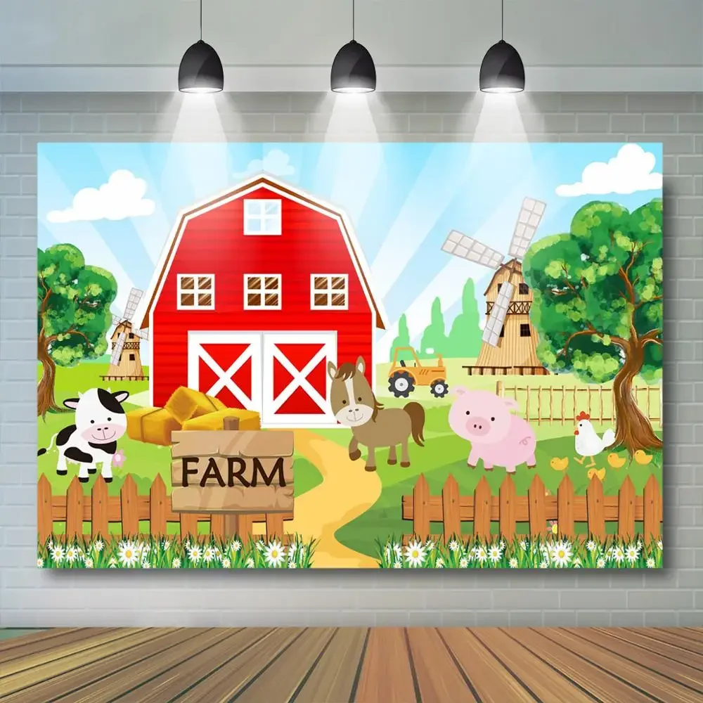 만화 농장 생일 배경 빨간색 농장 앞마당 베이비 샤워 배경 농장 동물, 어린이 생일 파티 배너 장식
