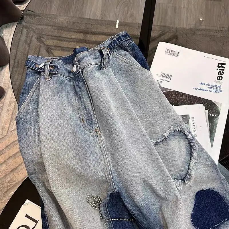 Amor jeans de perna larga feminino outono e inverno novo design de moda sentido nicho solto esfregar cintura alta jeans femininos retos