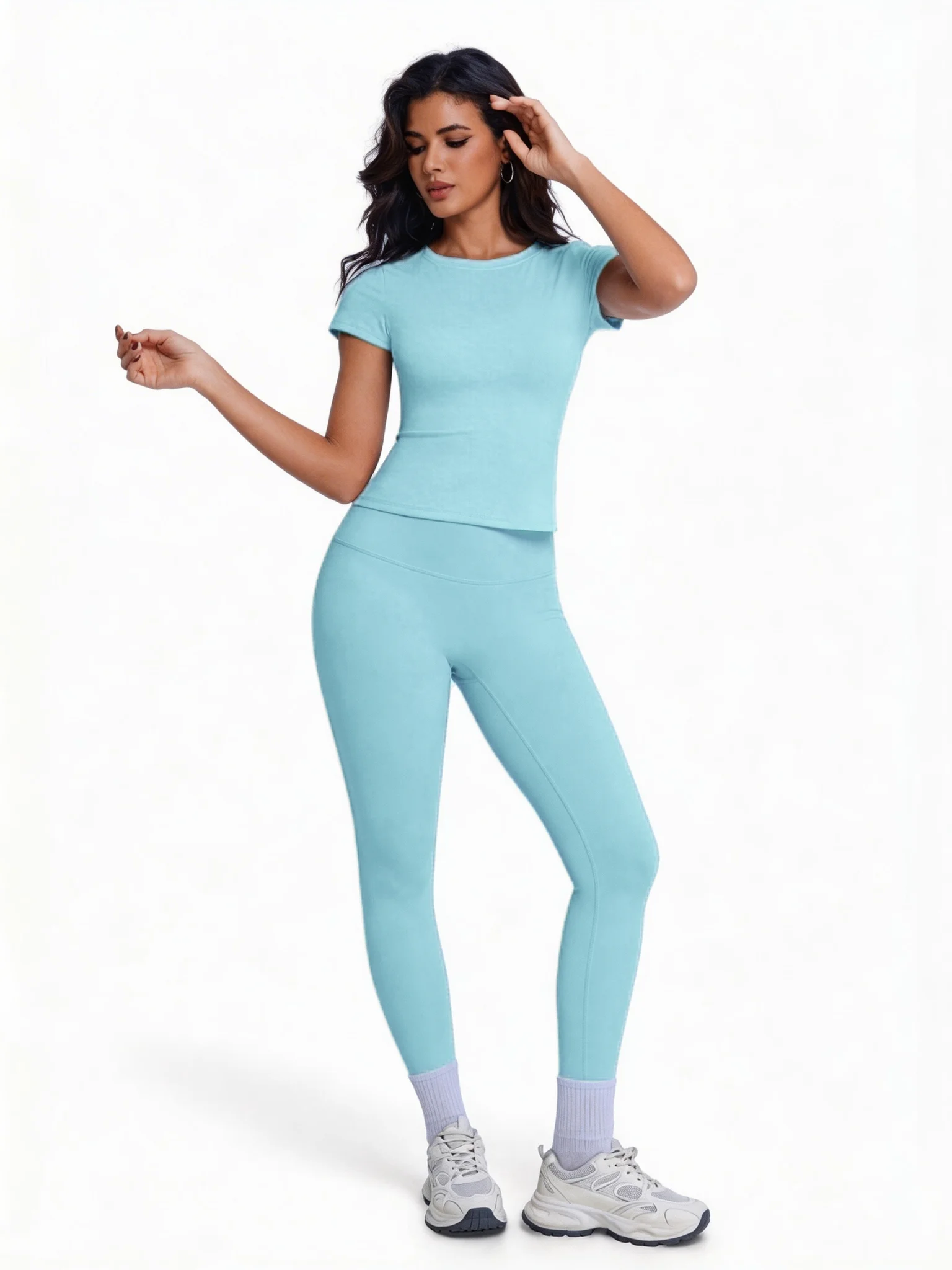 Women's 2 Piece Workout Set, Ultra-Soft Short Sleeve T-Shirt & High Waist Leggings, Seamless Butt Lifting Yoga Outfit for Gym, R