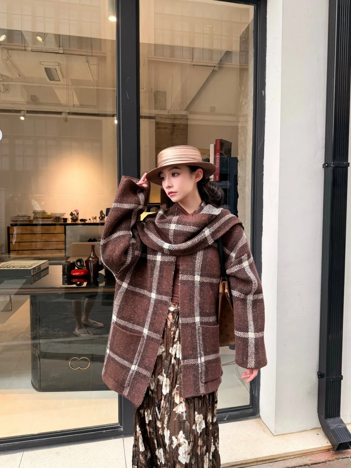 

SIMONA Caramel ey Plaid Loose Long Sweater Cardigan Women's Faion Autumn Winter Warm Knitted High Quali Polyester