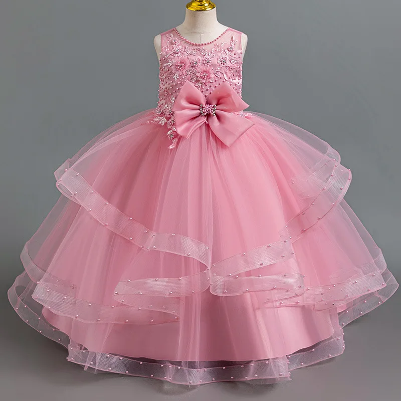 Girls Pearl Flower Princess Dress 4-12 Years Old Bow Mesh Puff Skirt Carnival Birthday Party Host Evening Dress