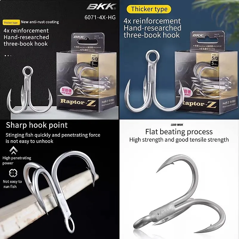 2Packs BKK Raptor-Z 6071-4X-HG Treble Fishing Hooks 4# 2# 1# 1/0# 2/0# 3/0# 4/0# 5/0# Sea Fishing Big games Anti-Rust Coating
