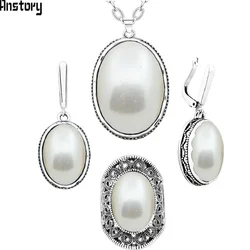 Oval Pearl Jewelry Set Choker Necklace Earrings Rings For Women Antique Silver Plated Stainless Steel Chain Jewelry TS395