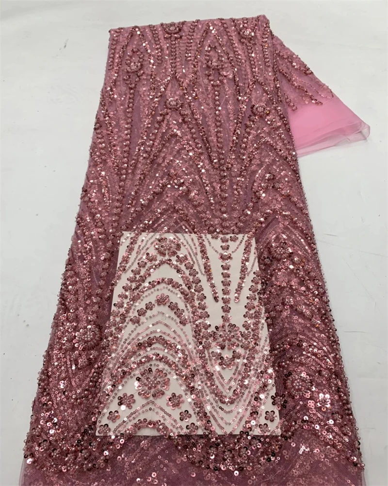 

African Sequins Beaded Lace Fabrics High Quality Sequence Embroidery French Nigerian Lace Fabric For Wedding Sewing