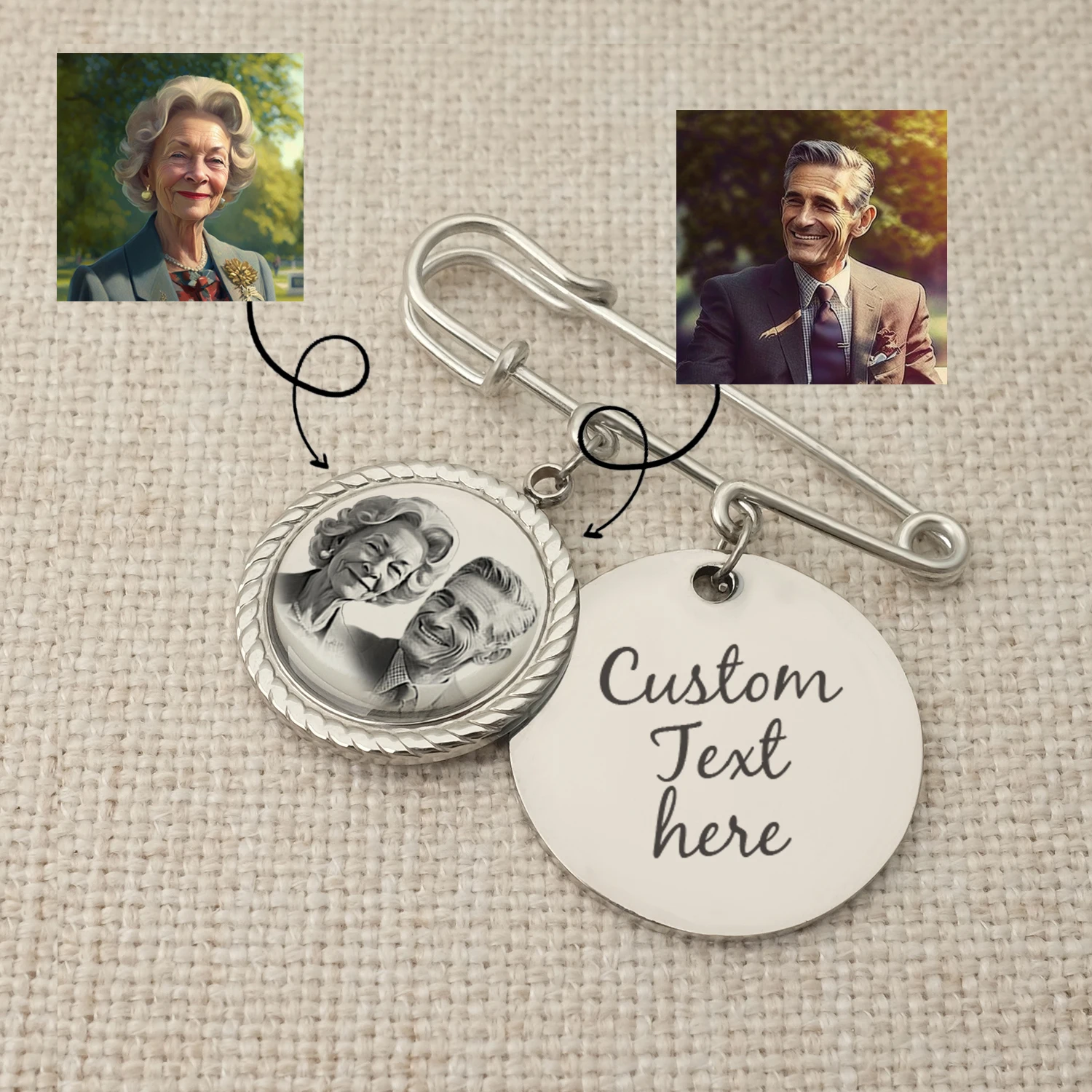 Personalizzato matrimonio foto fascino personalizzato foto spilla foto cravatta Tack Bouquet da sposa Pin regalo commemorativo di nozze per lo sposo della sposa