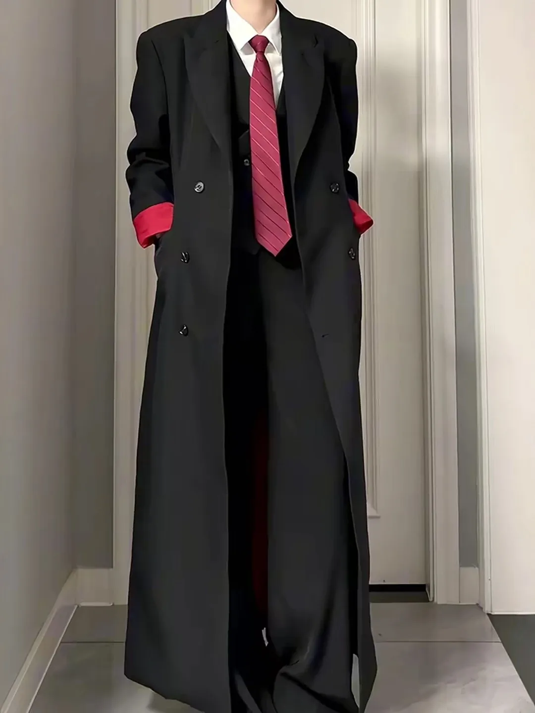 Men's Black Long Suit Jacket Spring and Autumn New French Fashion Retro Gothic Dark Style Contrast Color Double-Breasted Blazer