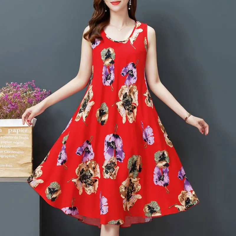 Beach Style Folk Floral Printed Sundress Women\'s Clothing Vintage Loose A-Line Summer Sleeveless Casual Round Neck Midi Dress