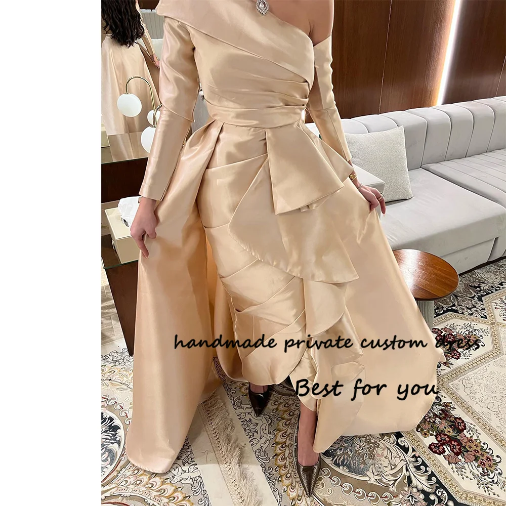 

Khaki Satin Mermaid Evening Dresses with Train Arabic Dubai Prom Dress Floor Length Dubai Arabic Formal Party Gowns One Sleeve