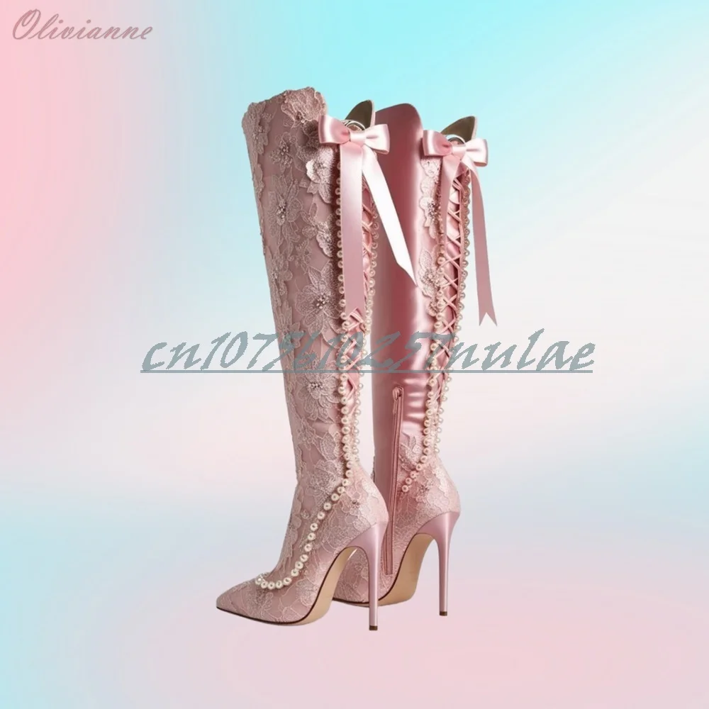 

Pink Lace Pearls Decor Mid Calf Boots Back Sweet Butterfly Knot Stiletto High Heel Party 2025 Women Shoes Zapatos Para Mujere