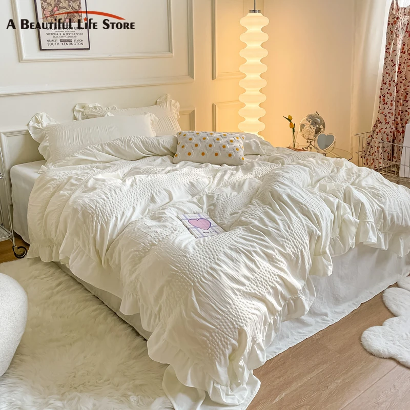 

White Ruffled Seersucker Single Queen King Duvet Cover Set 3/4pcs Soft Green Pink Grey Bedding Set With Bed Sheet Pillowcases