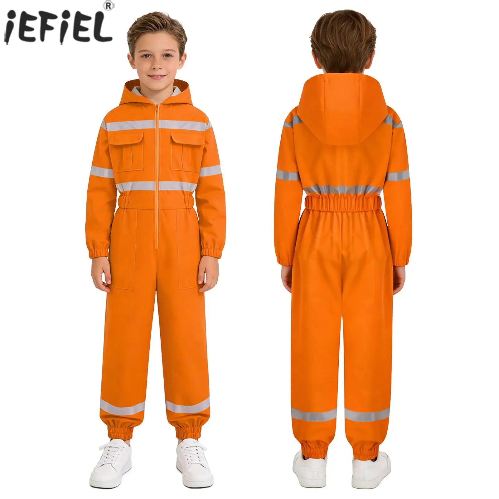 Kids Waterproof Rain Suit Coverall Hooded Long Sleeve Zip Up Elastic Band Jumpsuit Overalls with Pockets for Camping Fishing