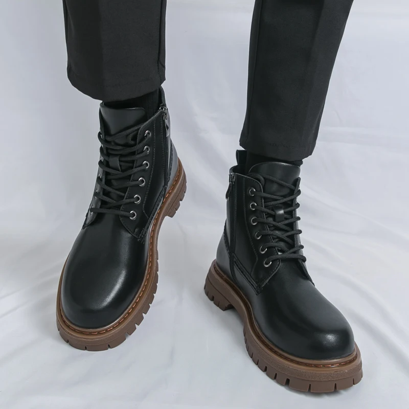 

Men High Top Boots Thick Soled Solid Color Lace Up Bare Boots Comfortable Casual Men Boots