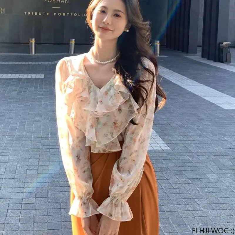 Flare Sleeve Romantic Blouses Hot Sales 2023 Women Tops Chic Korea Office Lady Cute Sweet Girls Pink Ruffles Shirts