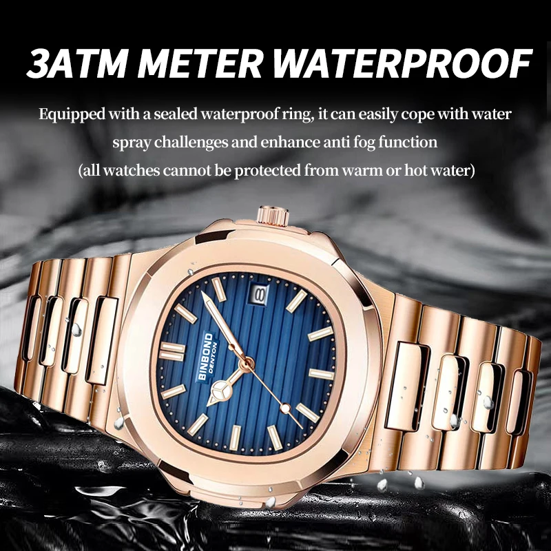 BINBOND 2024 New Luxury Fashion Business Man\'s Watch Automatic Date Luminous Waterproof Stainless Steel Men\'s Quartz Watchs +box