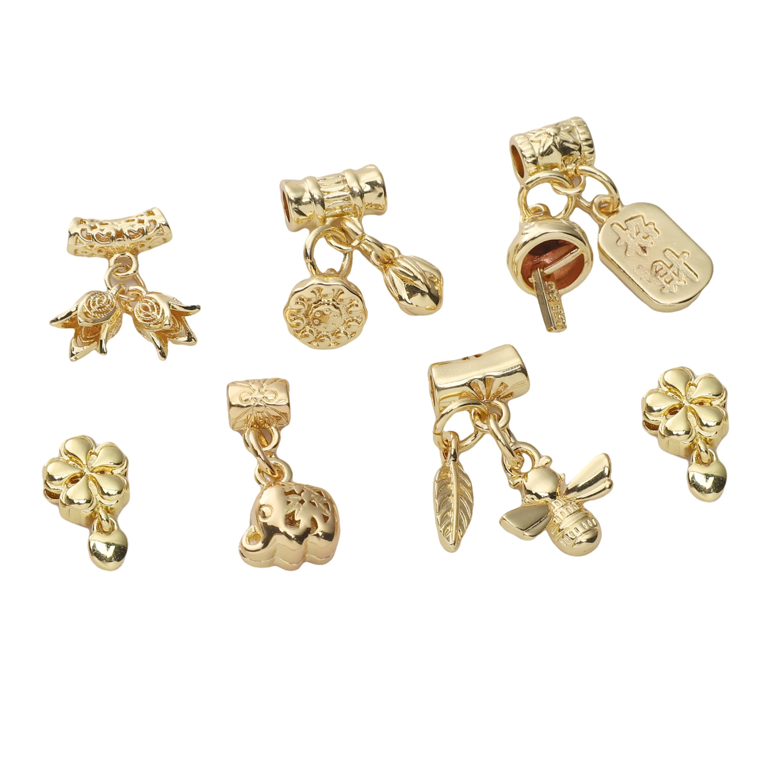 

1PC/bag 14K Gold Plated Copper Beads With Pendant Metal Bees Flowers Hearts Hang Tags Lotus Seed For Jewelry Making Findings