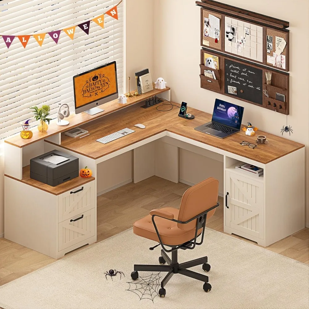 

63L administrative desk with drawers and storage shelves, corner computer desk with power outlet, L-shaped desk