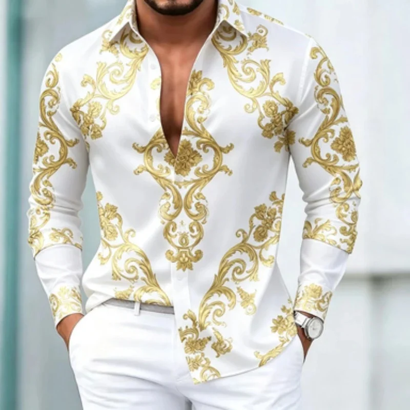 Men's 3D shirt long sleeved European American style men's slim fit shirt European retro rolled grass pattern long sleeved shirt