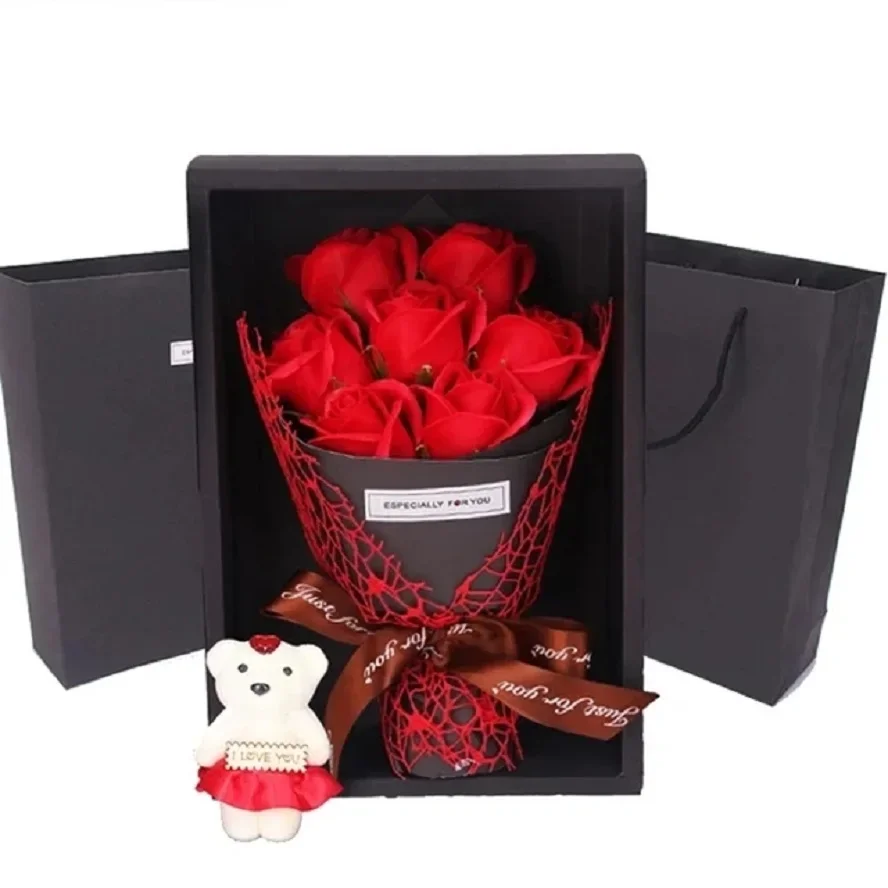 Valentines Day Artificial Flowers 7 Rose Soap Bouquet Gift Box Teddy Bear Flower Creative Valentines Day Gift Home Decor Wreath