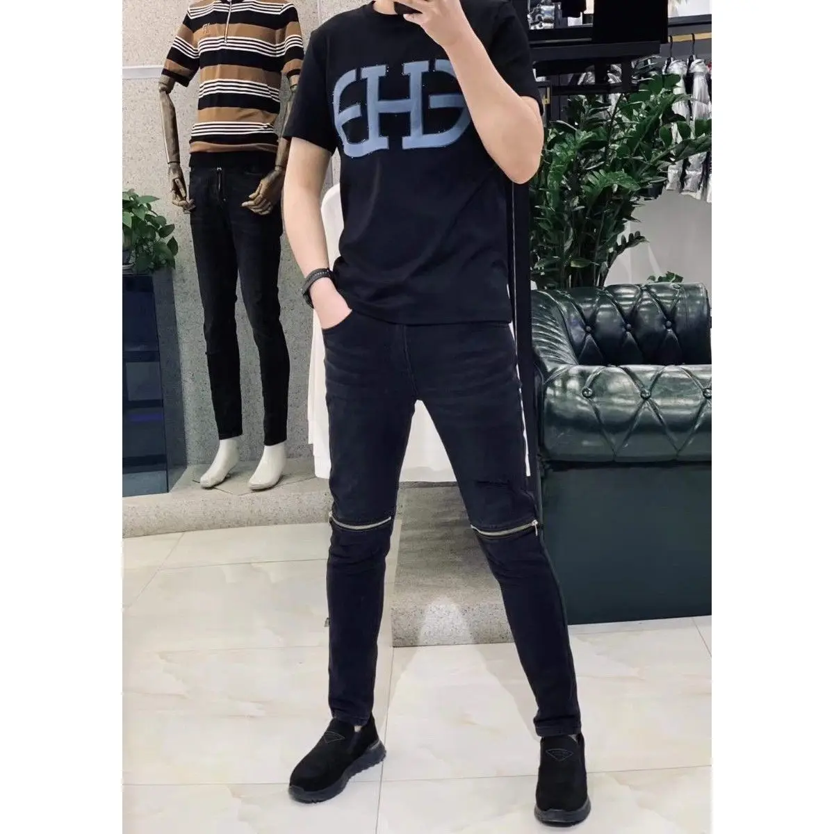 New Arrival Trendy Stylish Black Denim Slim Jeans kpop Men\'s Casual Spring Autumn Zipper Distressed Designer Luxury Pants Male