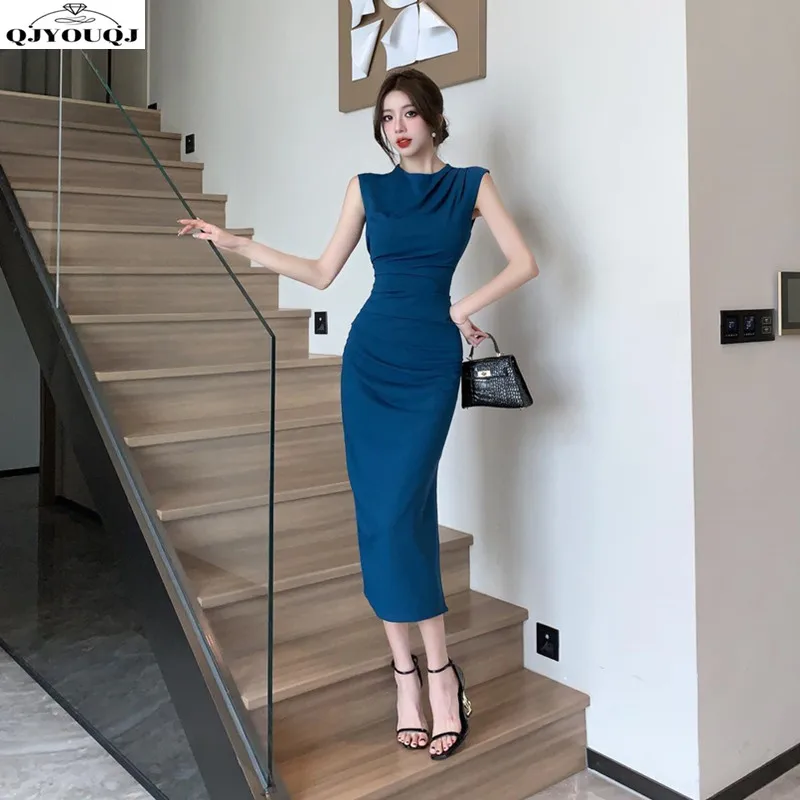 

Summer New French Celebrity Style Sleeveless Slim Fit Wrapped Hip Dress Fashion Goddess Wrapped Hip Long Dress