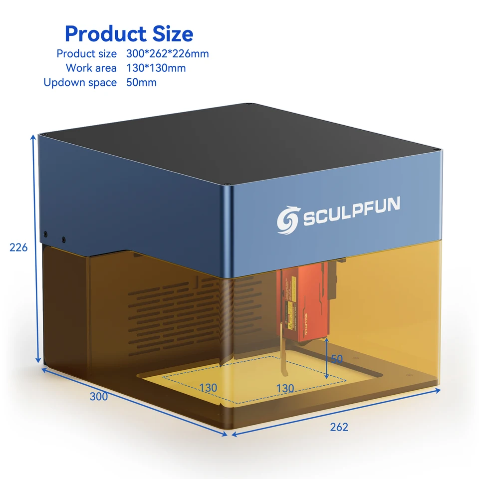 Sculpfun-icube proレーザー彫刻機,5w,CNC,切断,彫刻機,作業領域