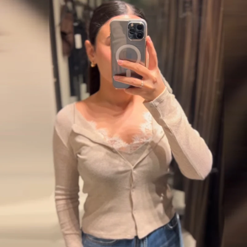 HXAO بلوزات نسائية مقصوصة من الدانتيل للخريف رمادي بيج قمصان وبلوزات جاهزة بأكمام طويلة وأزرار قمصان بلوزات على الطراز الكوري
