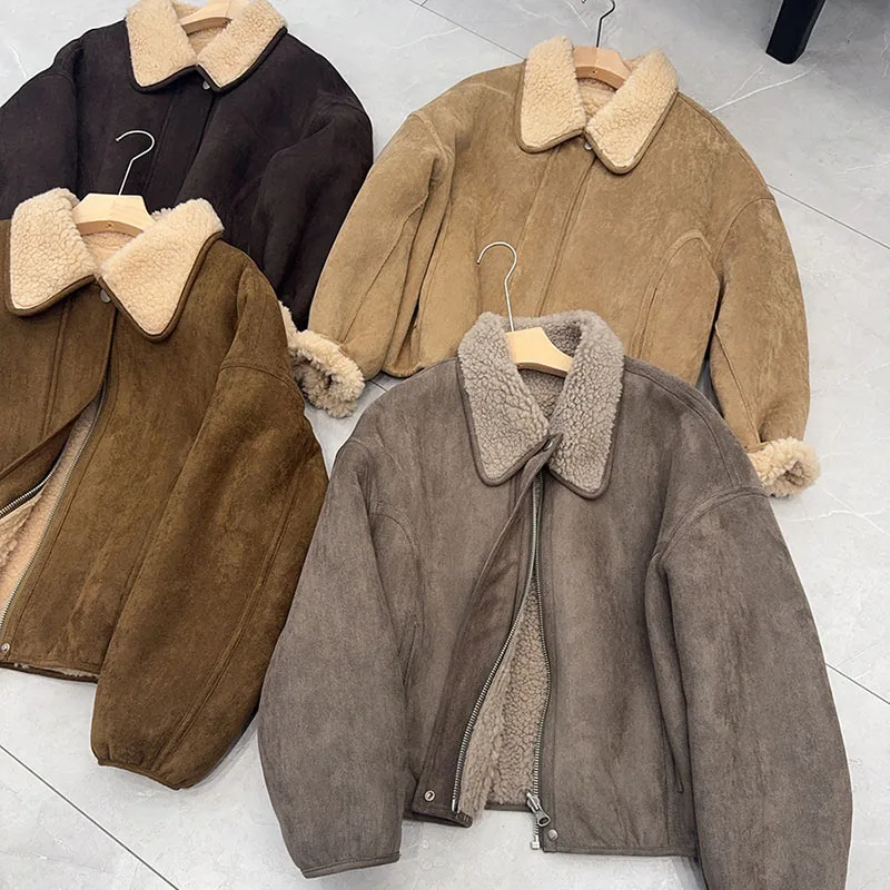 Chaqueta de piel de estilo coreano para mujer, abrigo corto informal holgado y cálido de gamuza de lana de cordero para invierno, abrigo Echtpelz de ambos lados