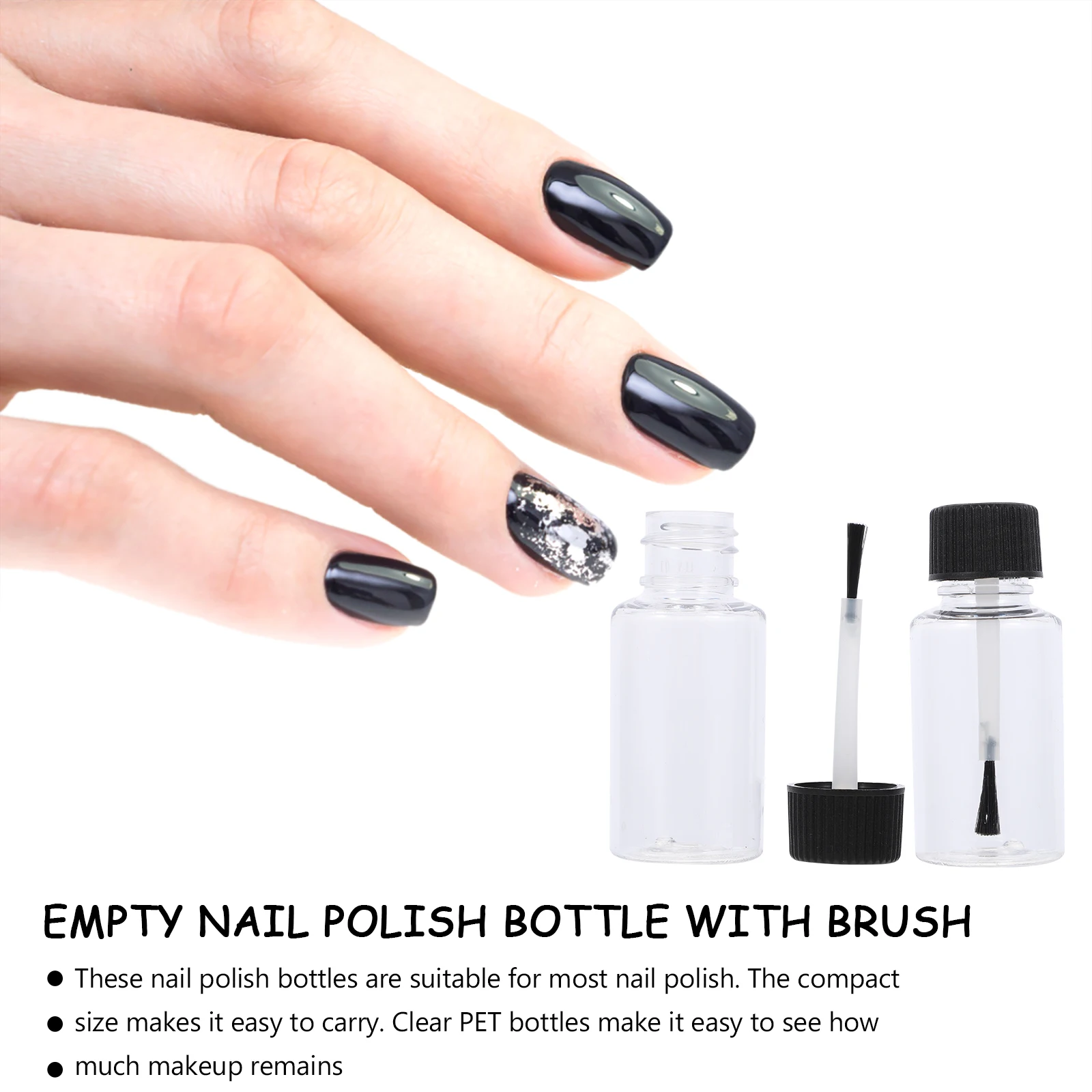 

20pcs Empty Nail Polish Nail Art Supplies Container Bottles 20ml PET Plastic Black Cap Refillable DIY Supplies for Women