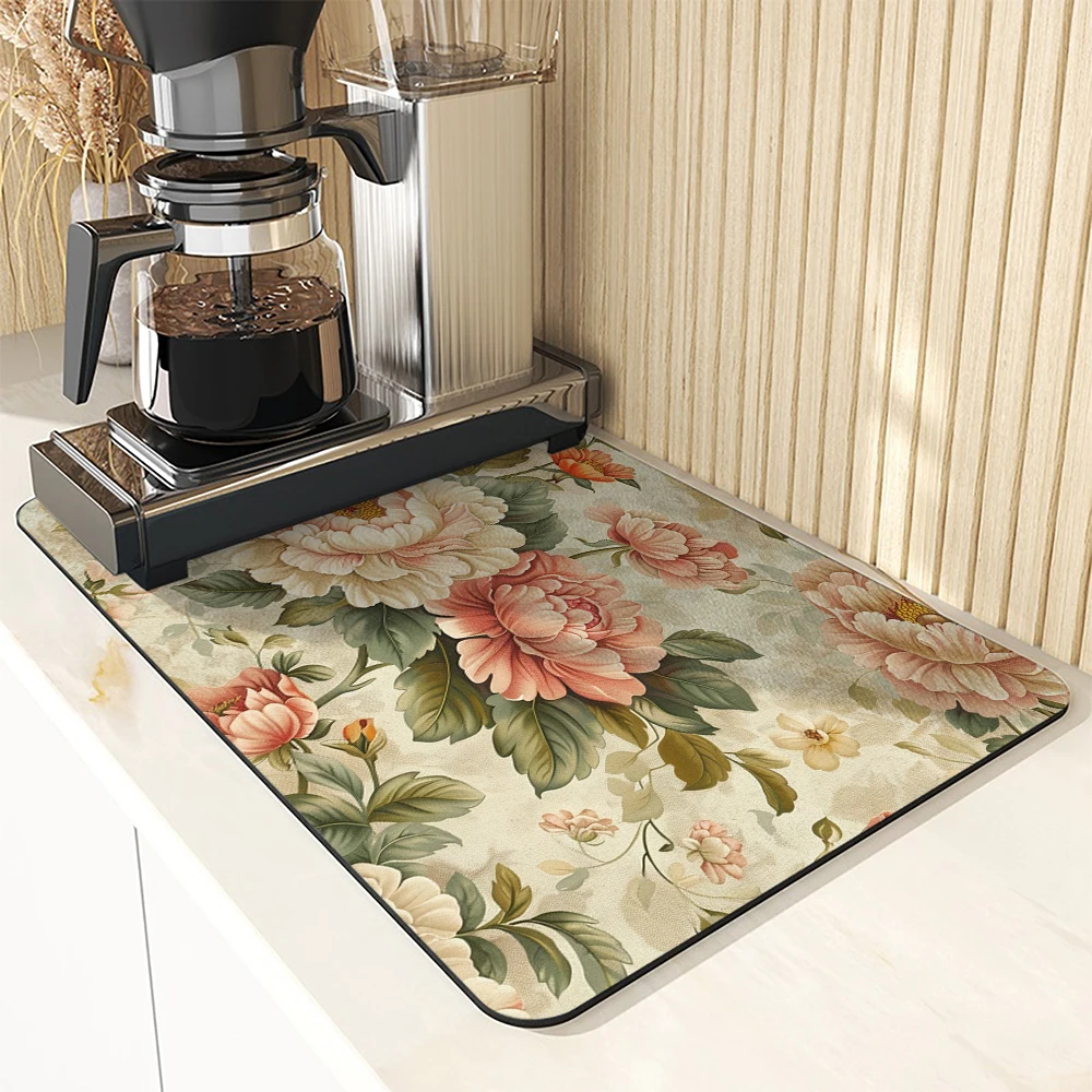 Antiskid Kitchen Absorbent Draining Mat Floral Plant Super  Draining Coffee Dish Drying Mat Quick Dry Bathroom Drain Pad