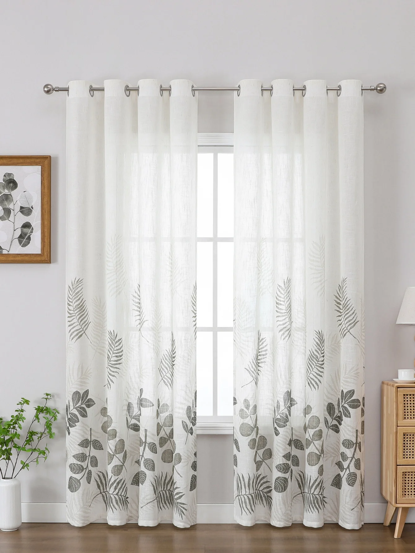 Weiße transparente Vorhänge mit Palmen-Druckmuster, geeignet für Wohnzimmer und Schlafzimmer, lichtdurchlässiger, dunstiger Türvorhang