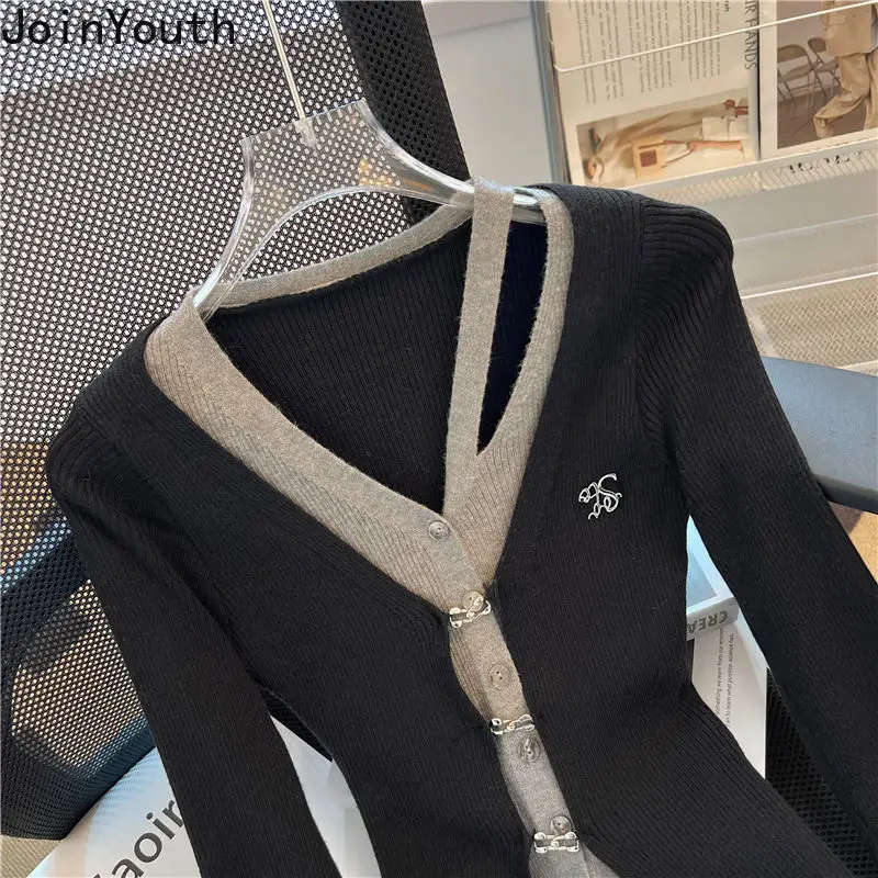 Maglieria Cardigan abbigliamento donna Sueter Mujer tunica con scollo a v falso Two Pull Femme Chic maglia irregolare scava fuori maglione Y2k top