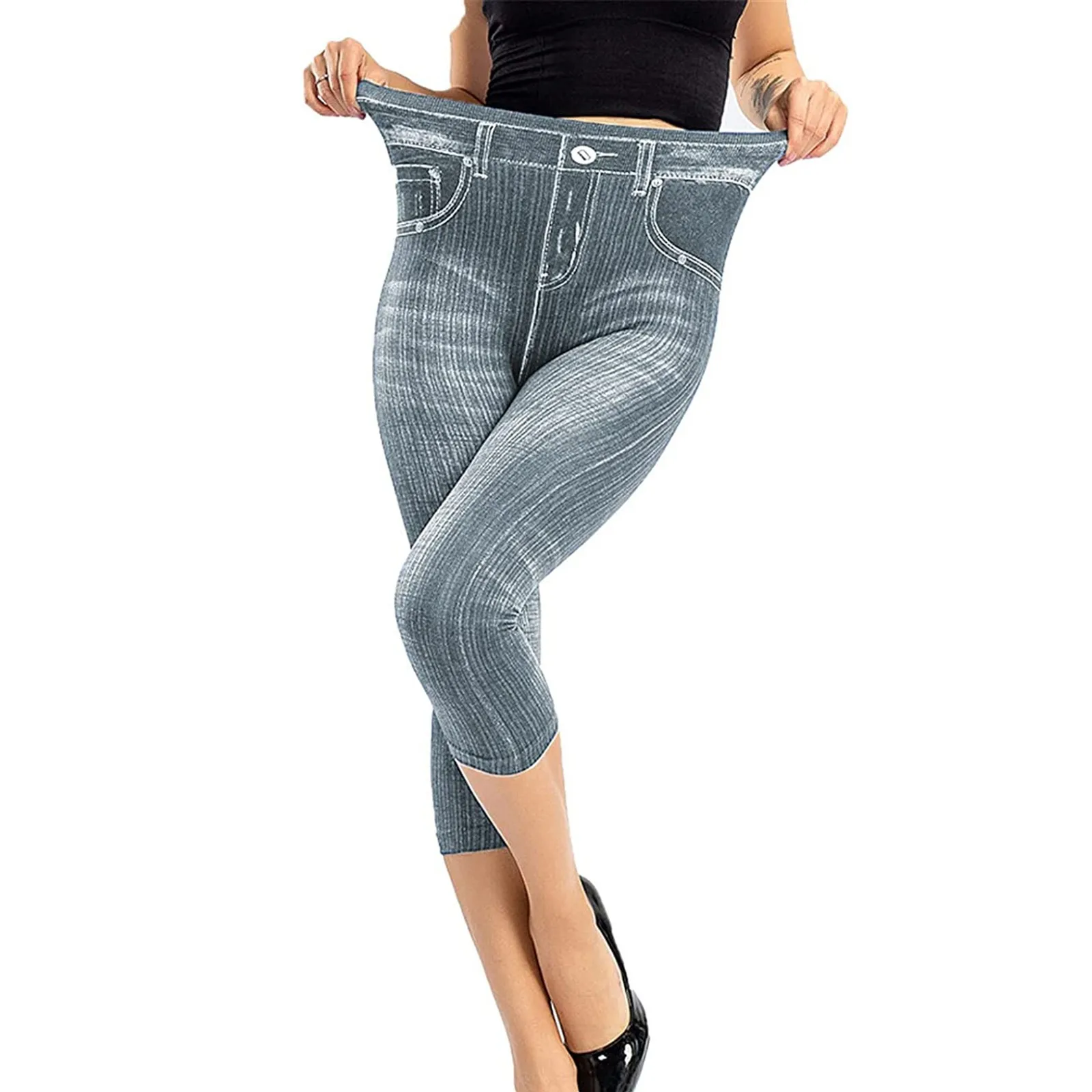 Frauen kurze Hosen Stretch Fitness gefälschte Taschen hohe Taille Hintern angehoben Faux Denim Jeans weiche lässige dünne Bleistift hose