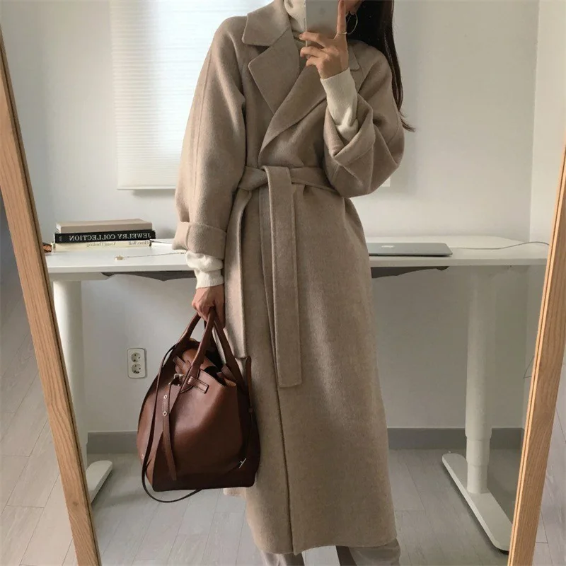 Chic Thick Warm Lapel Lace-up Pockets Loose Woolen Coat 2024 Autumn Winter New Korean Female Long Oversize Casual Women Clothes