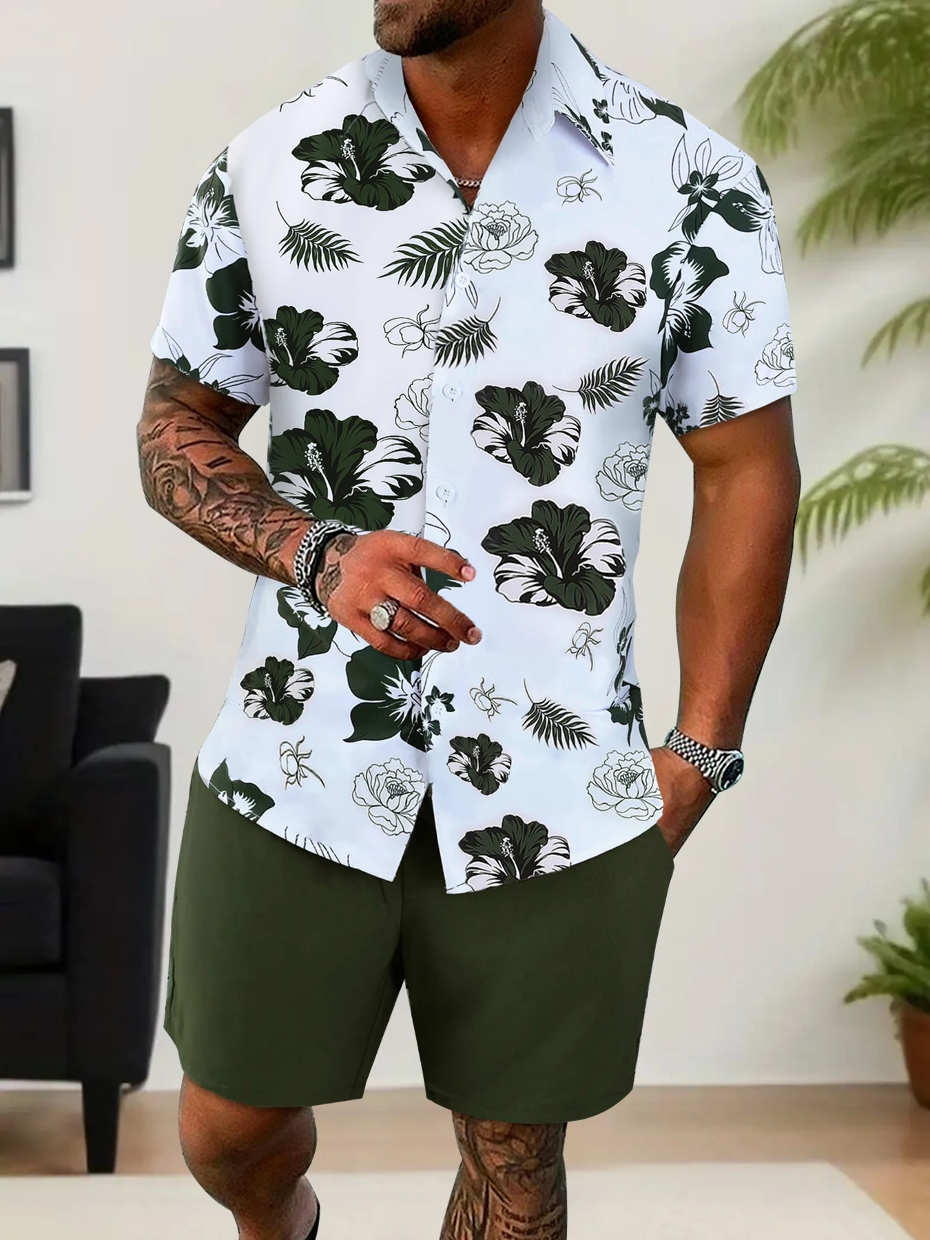 

Men's Trendy Beach Wear Set, Green Floral Print Shirt & Solid Olive Shorts