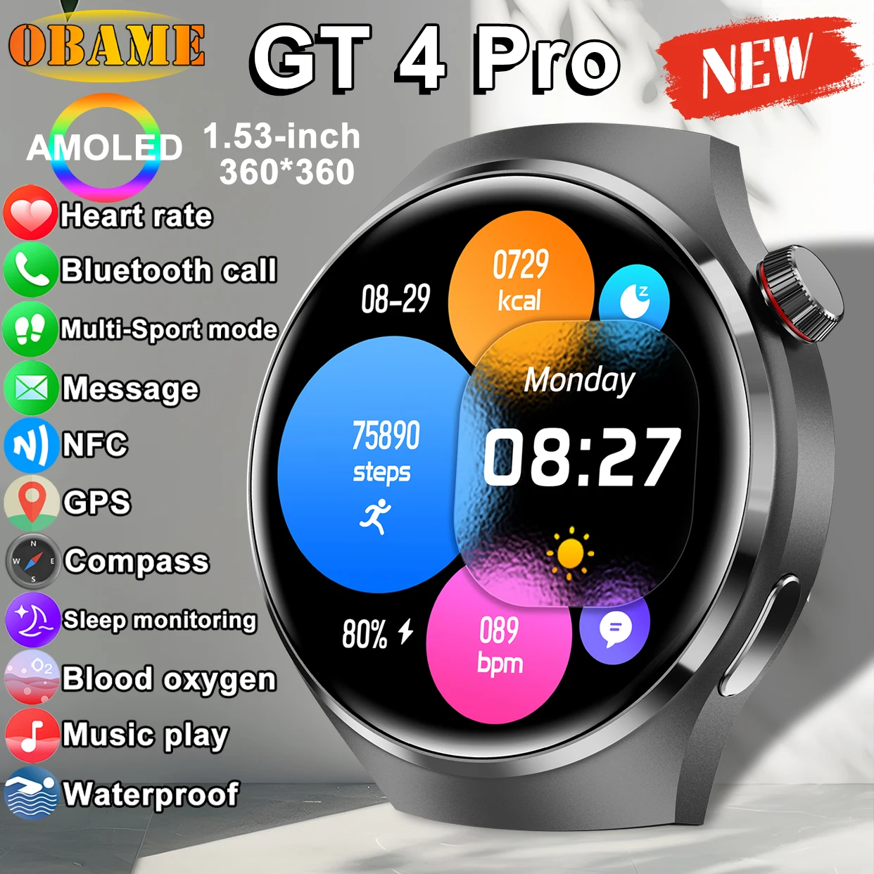 New GT4 Pro Sports Smart Watch Men 366*366 HD Screen SmartWatch NFC GPS Tracker Compass Heart rate Blood oxygen Smartwatch 2025