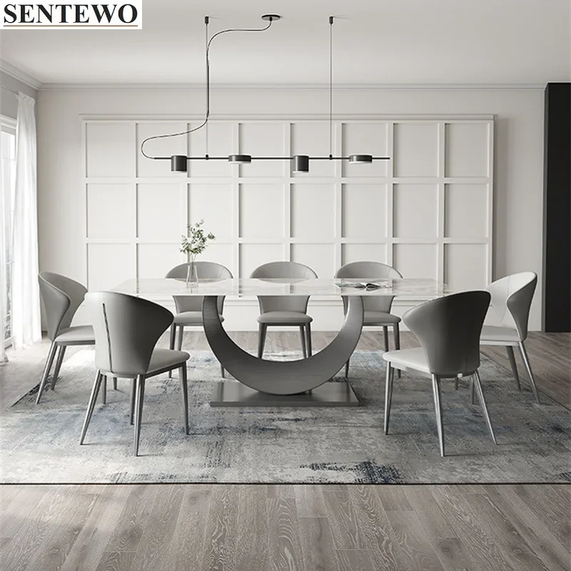 

Luxury Rock Slab Dining Room Table Set 8 Chairs Titanium Grey Base Faux Marble Table Kitchen Furniture Simple Mesa De Comedor