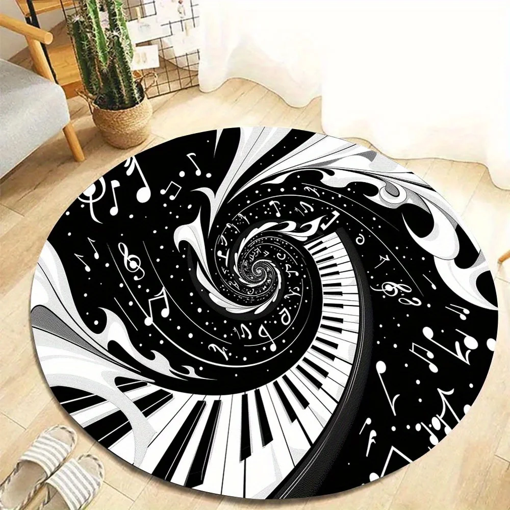 Piano Key & Music Note Round Rug – Non-Slip Polyester Chair Mat for Office Floor Protection – Stylish Home Decor
