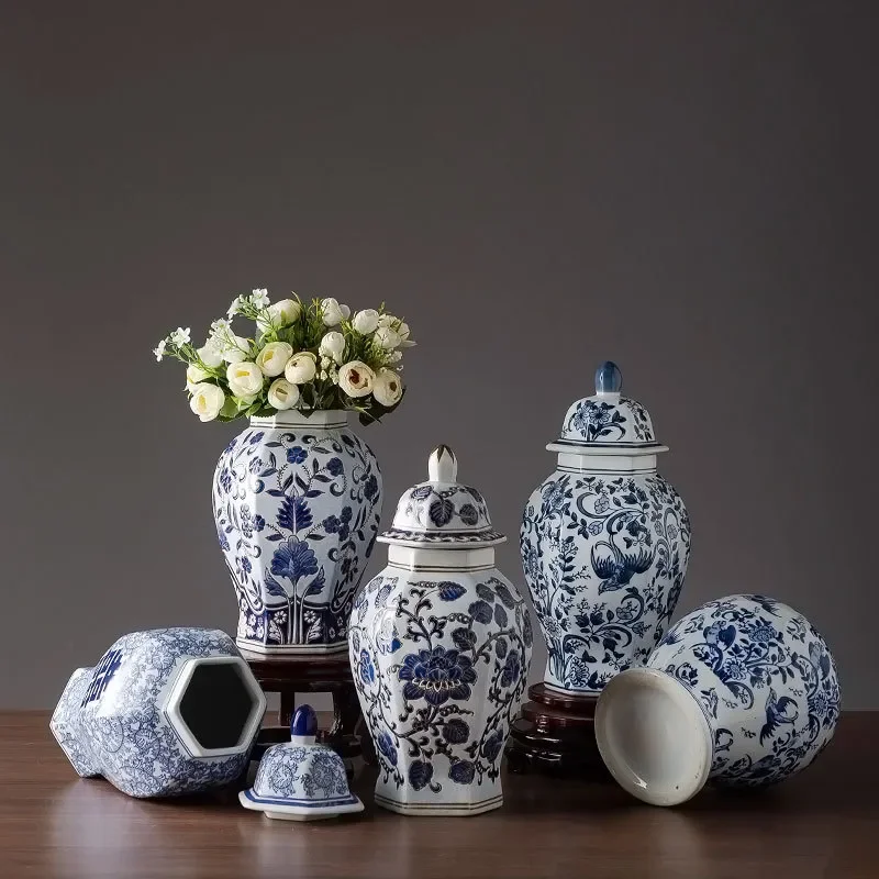 Blue and White Porcelain Hexagonal Dried Flower Vase Jingdezhen Ceramic Chinese Style TV Cabinet Home Decoration Handicraft