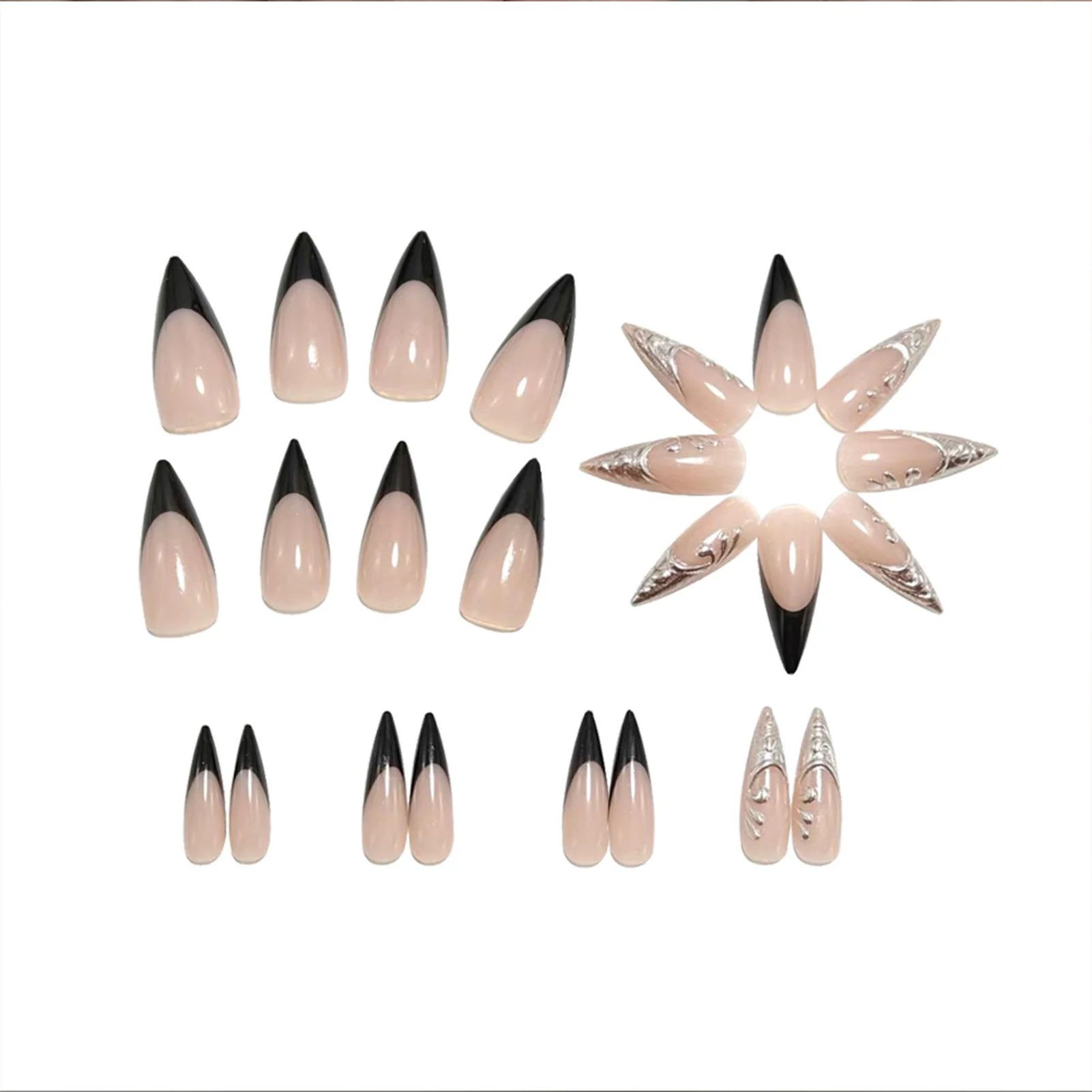 Long Almond 3D Silver Fake Nails 24 Pieces Fashionable And Durable Design For Multiple Occasions