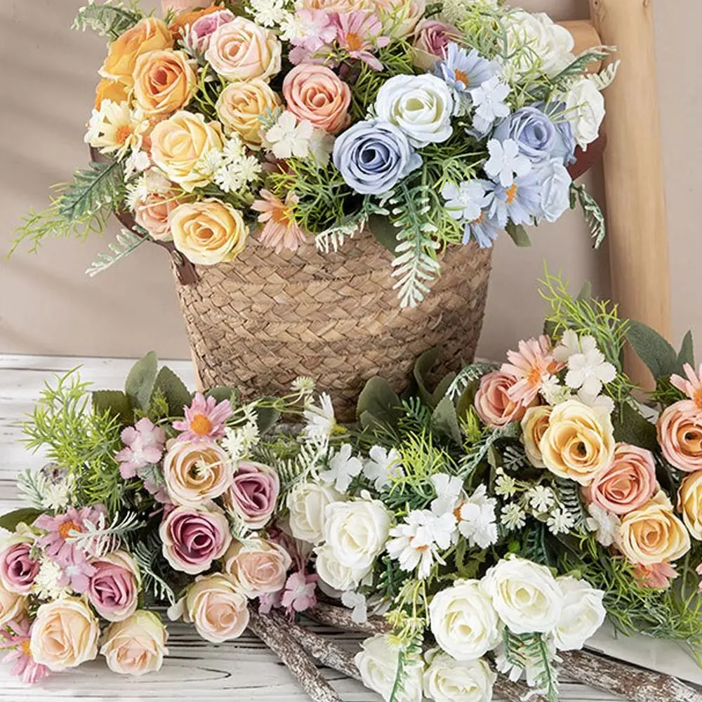 

Elegant Artificial Rose Daisy Flowers Real Touch Plastic Simulation Rose Bouquet Handmade Fake Flower Wedding Decor
