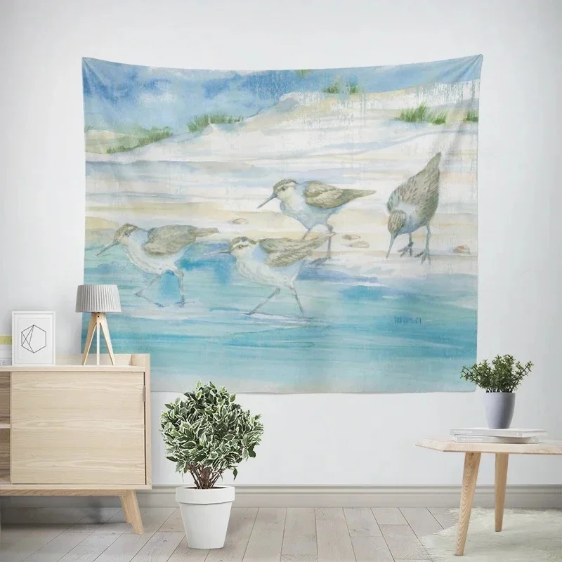 VIKAMA Beach Sandpiper Tapestry Wall Hanging Watercolor Coastal Bird Landscape Design Aesthetic Backdrop for Wall Decor