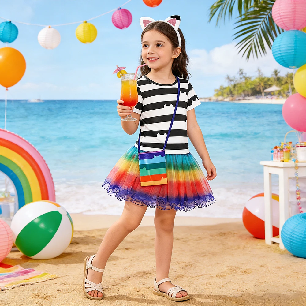 

Girls Summer Dress Black and White Striped Gabby's Top+Skirt+Bag Children's Sets Gabby Dollhouse Kids Birthday Dress Gown