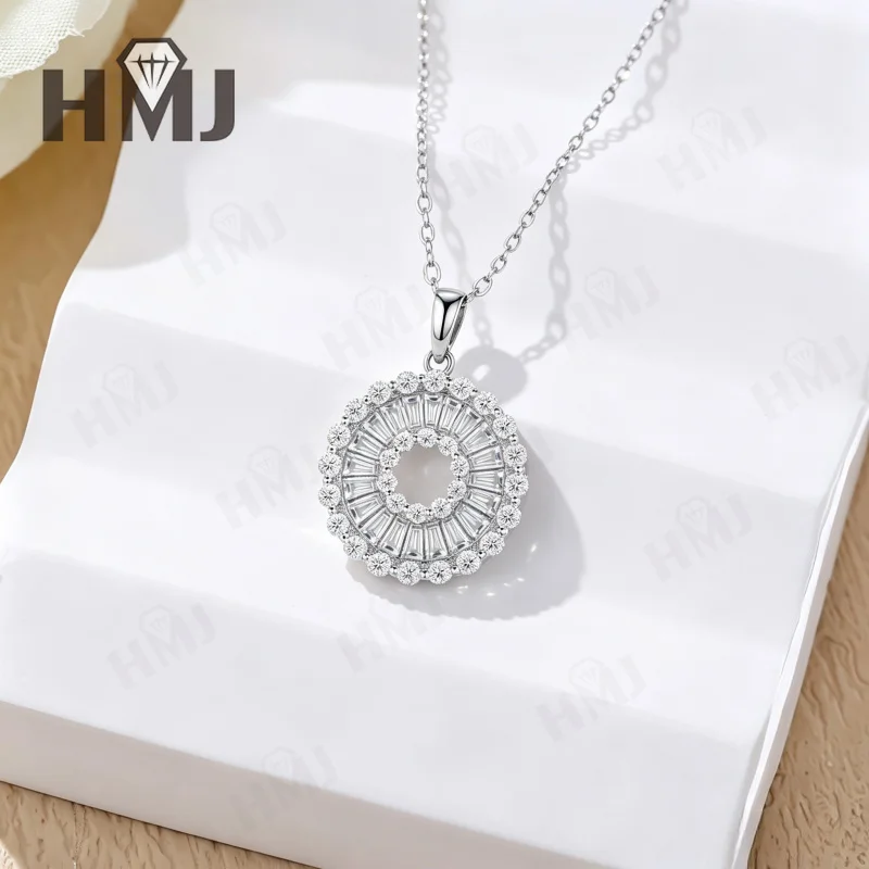 925 Sterling Silber Halskette mit Kreisanhänger, Trapezförmig Geschnittener Moissanit, Hohler Kreis, Edle Schmuckstücke, Geburtstagsgeschenk für Frauen, Charms – Detail 9