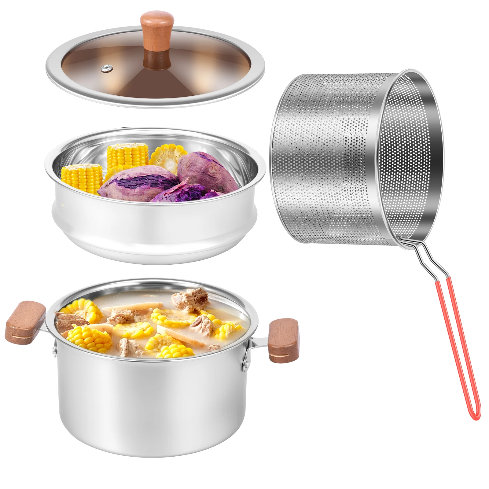 

Фритюрница из нержавеющей стали, многофункциональная кастрюля для пароварки с ручкой и корзиной для жарки, кастрюли для фритюрницы для кухонных аксессуаров