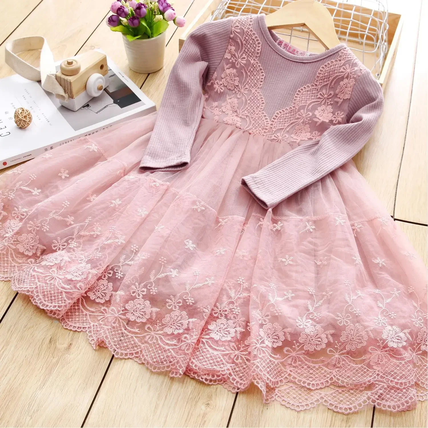 Elegant Girls Knit Dress for Lace Cute Birthday Party Princess Dress Long Sleeve Autumn Kid Dresses 3-8 Yrs Casual Girls Clothes