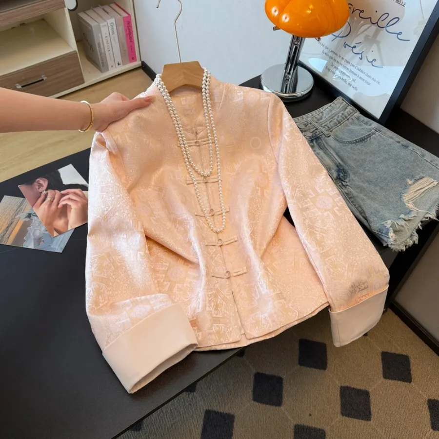 New Chinese Style Long Sleeve Embroidered Satin Jacket Eastern Ancient Charm Top Women's Fashion Traditional Costume Outerwear