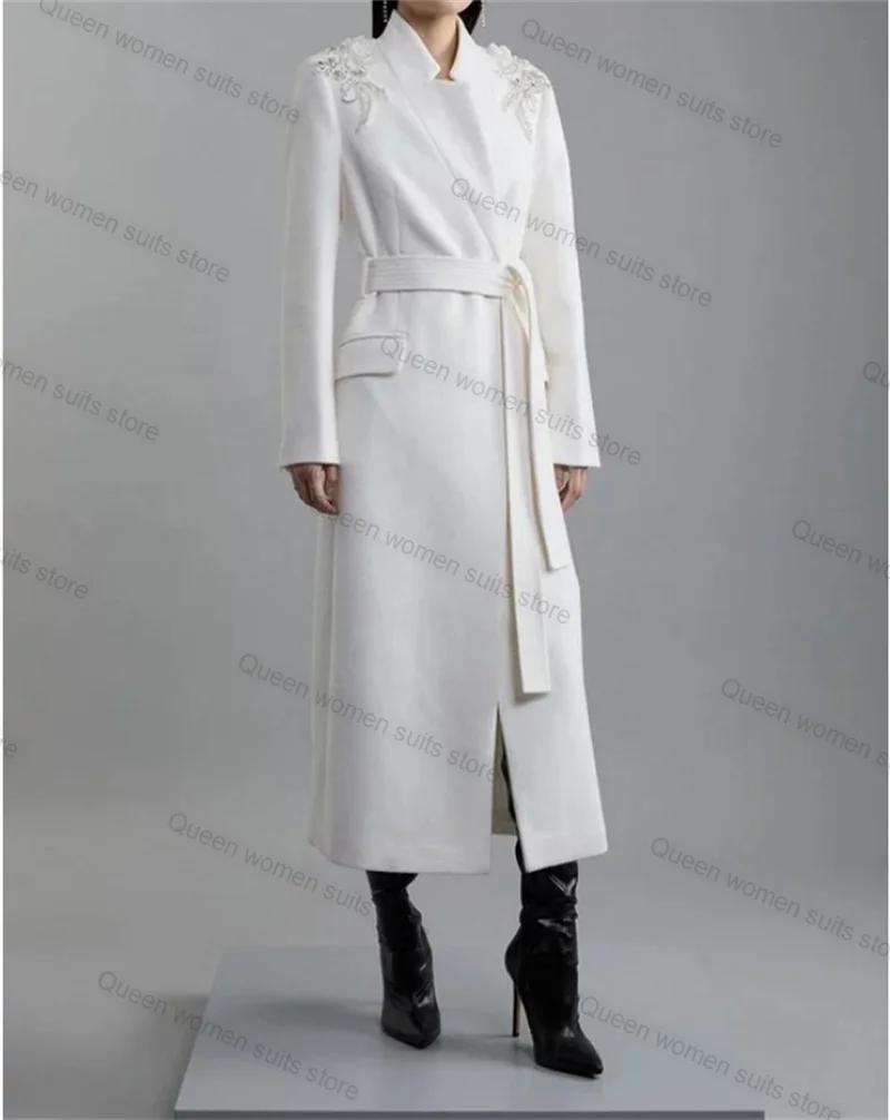 

White Cashmere Wool Crystals Women Suit Long Overcoat Blazer Formal Office Coat Winter Warm Customized Wedding Prom Jacket